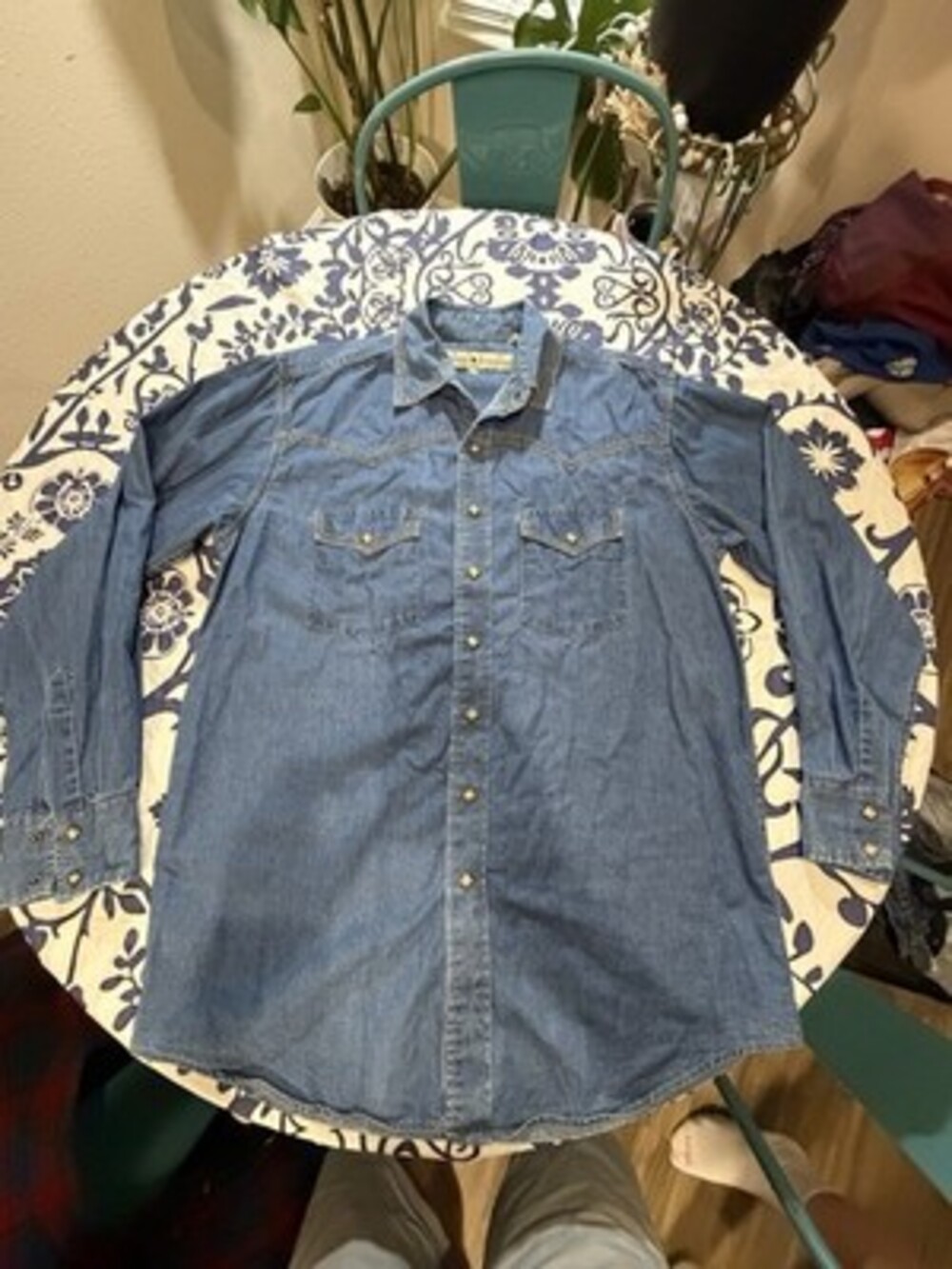 Rancho Estancia Men’s M Blue Solid Denim Cotton Pocket Button-Up Long Sleeve
